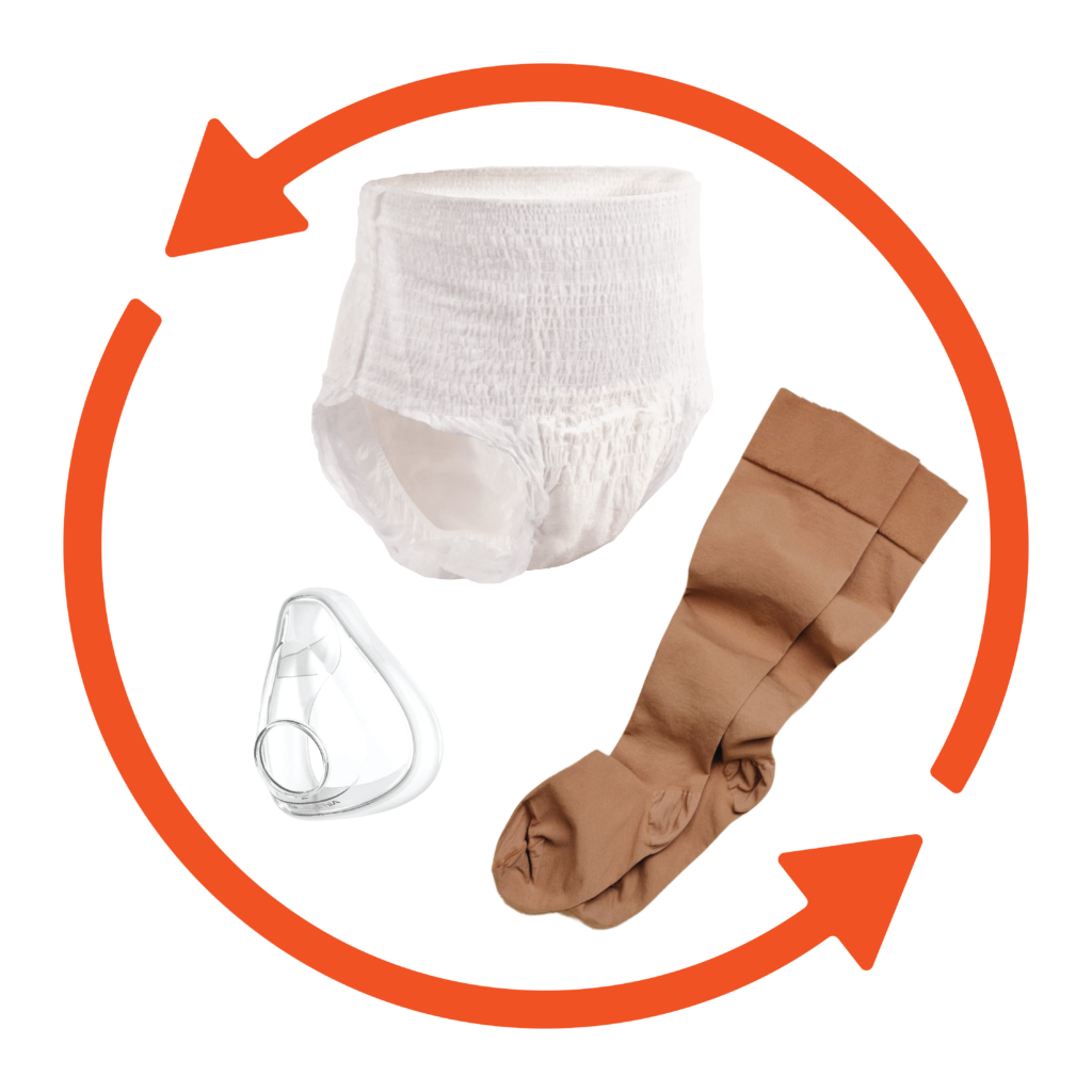 Compression stockings and incontinence care products for sale.